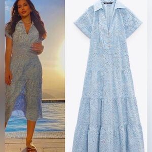 🎯❌sold❌🎯 Zara Light Blue Eyelet Button Midi Dress maxi. Back peekaboo